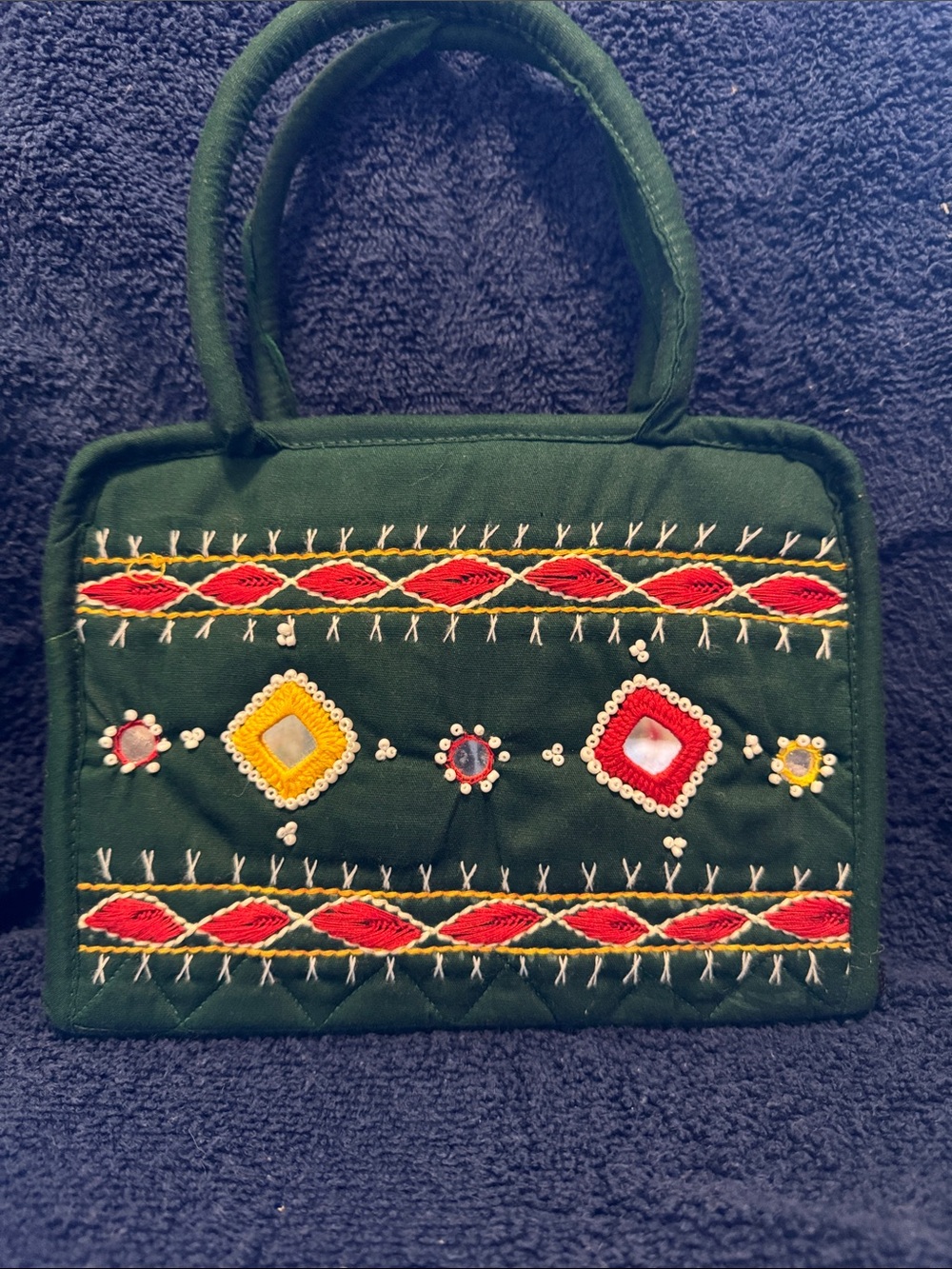 Embroidered Green Handbag with Mirror Accents